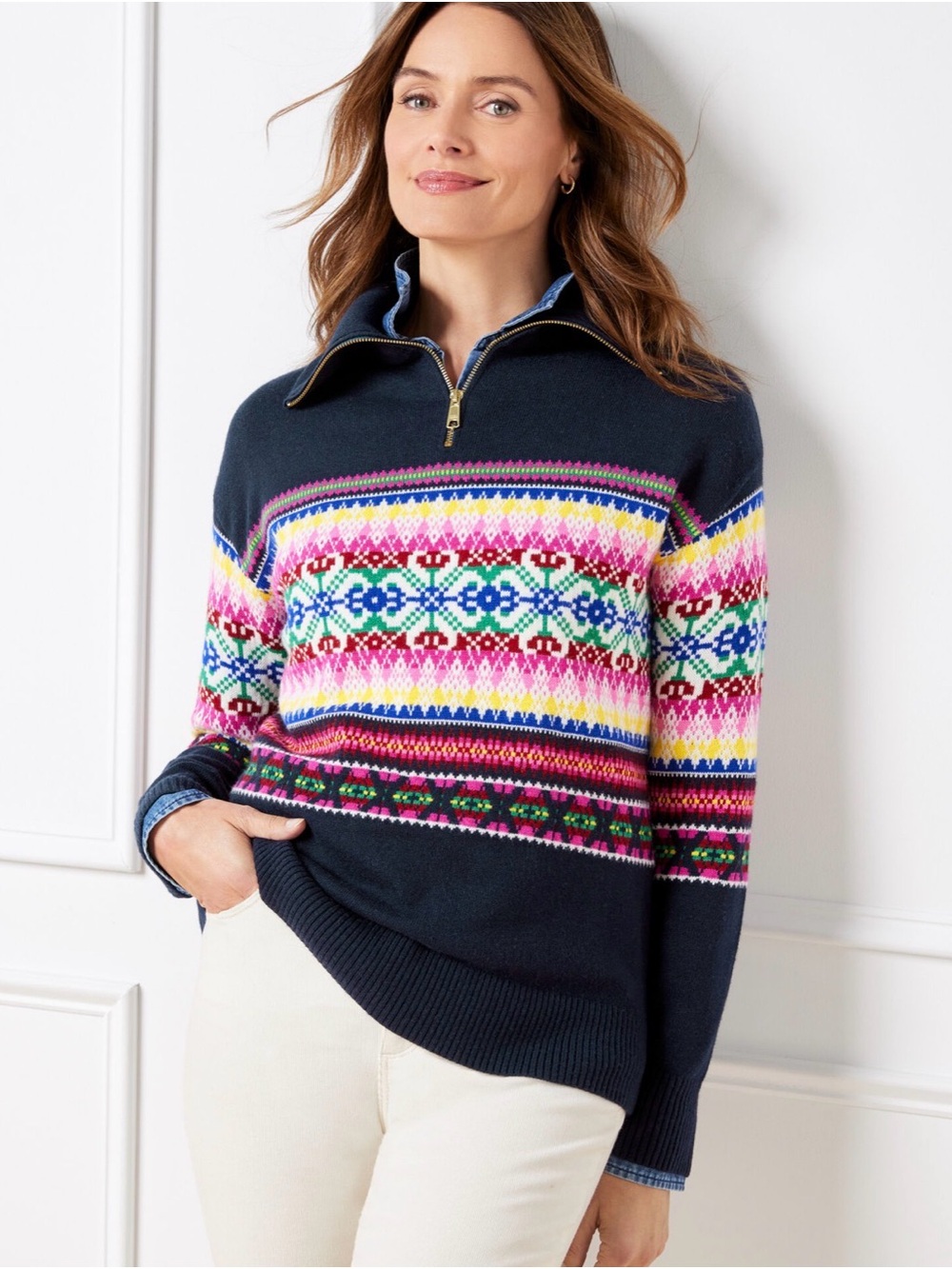 HALF-ZIP MOCKNECK SWEATER - STRIPE FAIR ISLE  Women’s Blue L